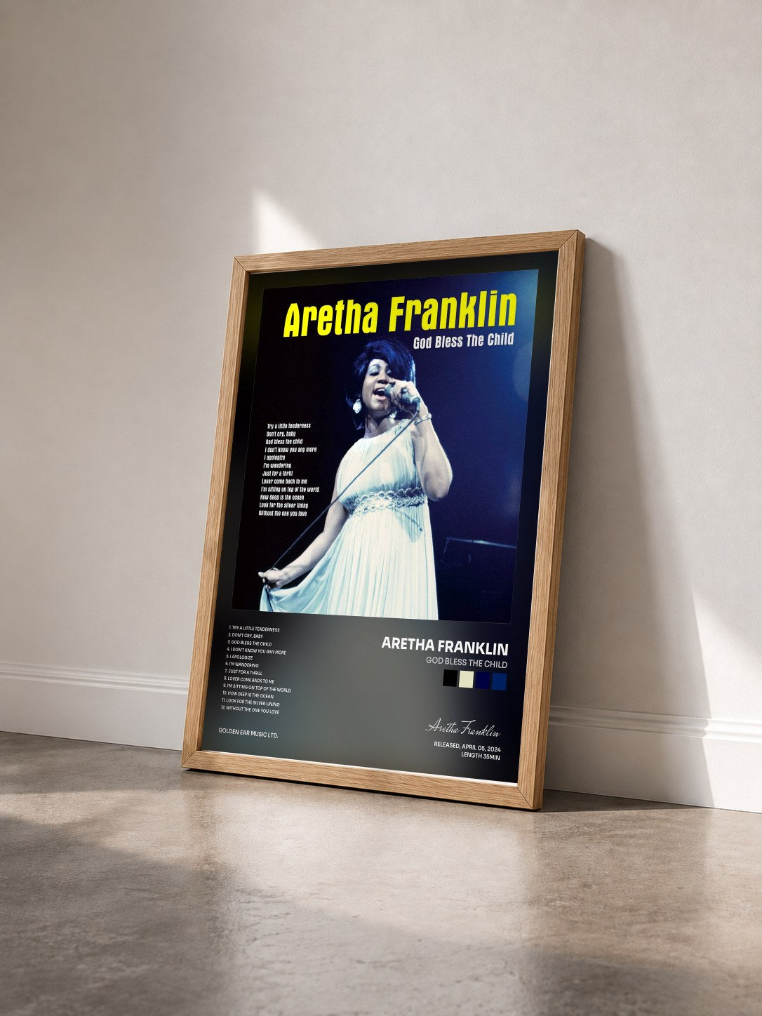 #bois Tableau de l'album God Bless the Child de Aretha Franklin vu de trois quarts, cadre en bois brut