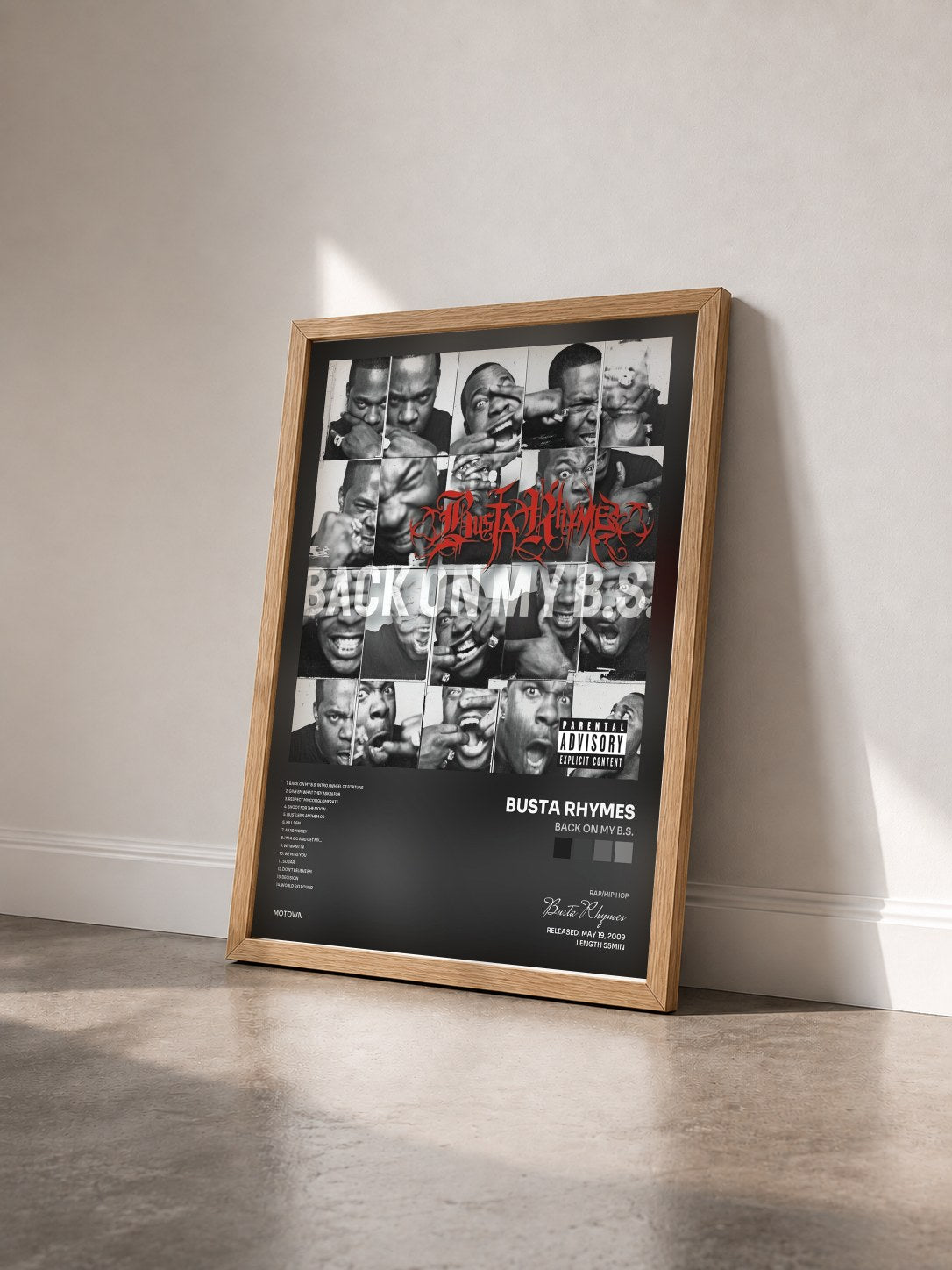 #bois Tableau de l'album Back On My B.S. de Busta Rhymes vu de trois quarts, cadre en bois brut