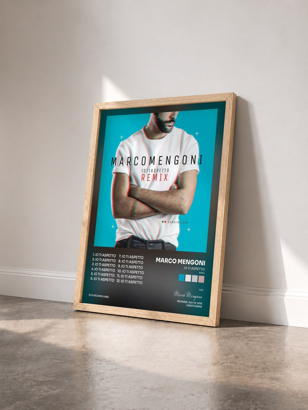 #bois Tableau de l'album Io ti aspetto (Remix) de Marco Mengoni vu de trois quarts, cadre en bois brut