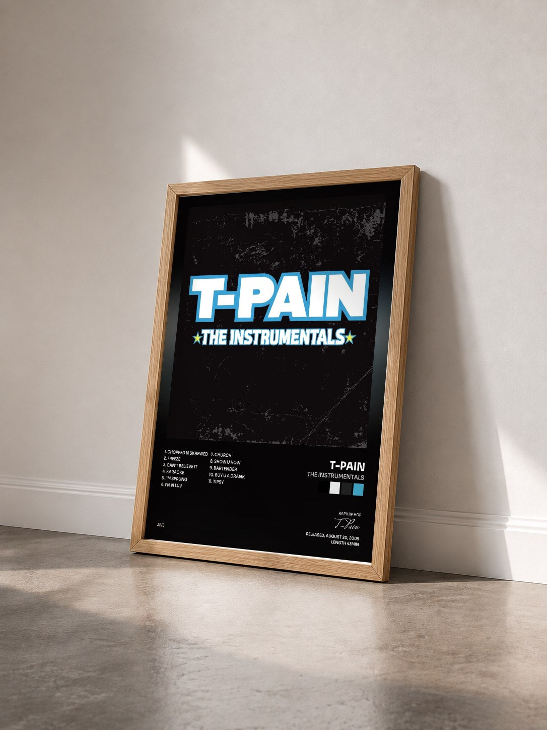 #bois Tableau de l'album The Instrumentals de T-Pain vu de trois quarts, cadre en bois brut