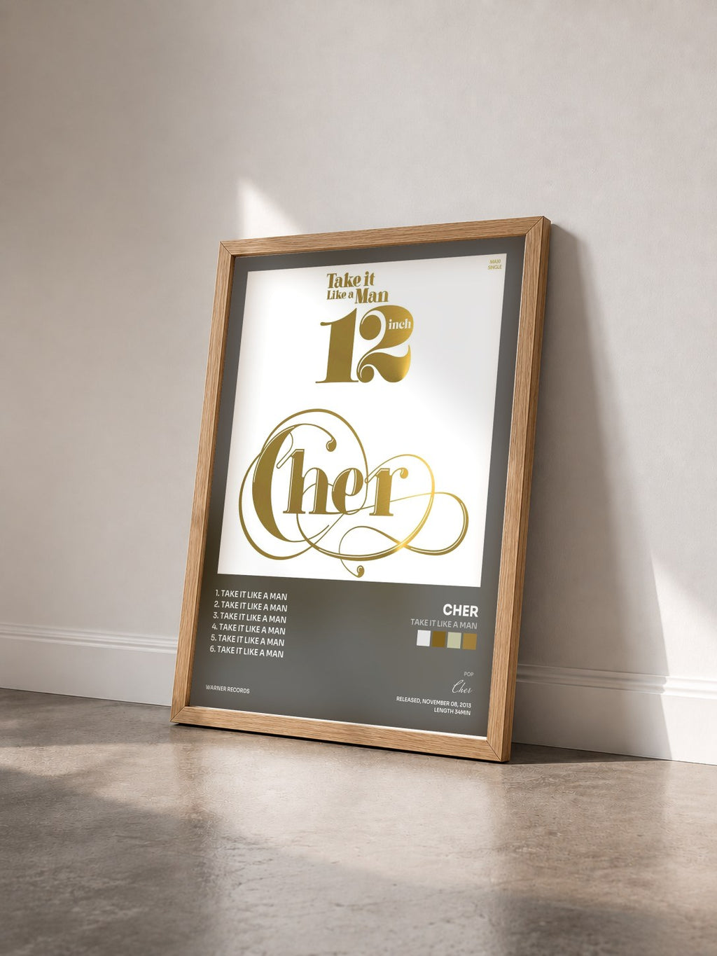 #bois Tableau de l'album Take It Like a Man de Cher vu de trois quarts, cadre en bois brut