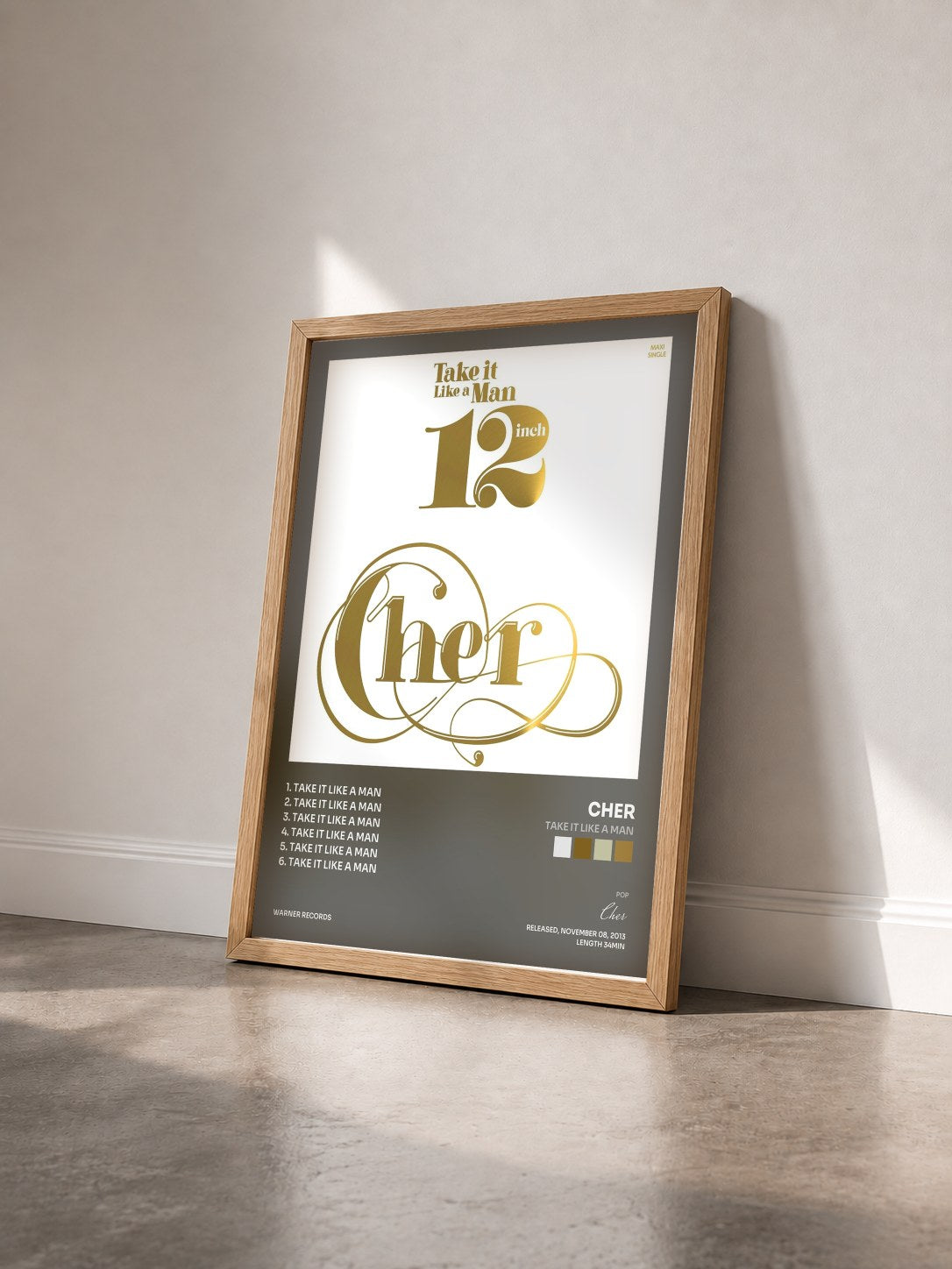 #bois Tableau de l'album Take It Like a Man de Cher vu de trois quarts, cadre en bois brut