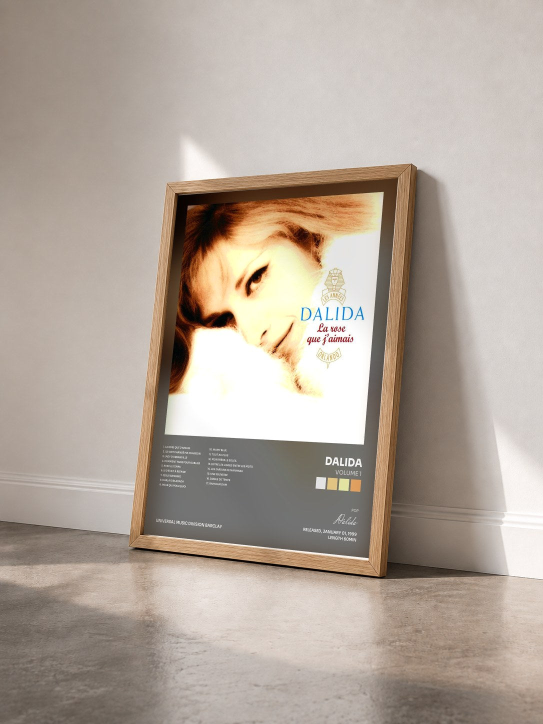 #bois Tableau de l'album Volume 1 de Dalida vu de trois quarts, cadre en bois brut
