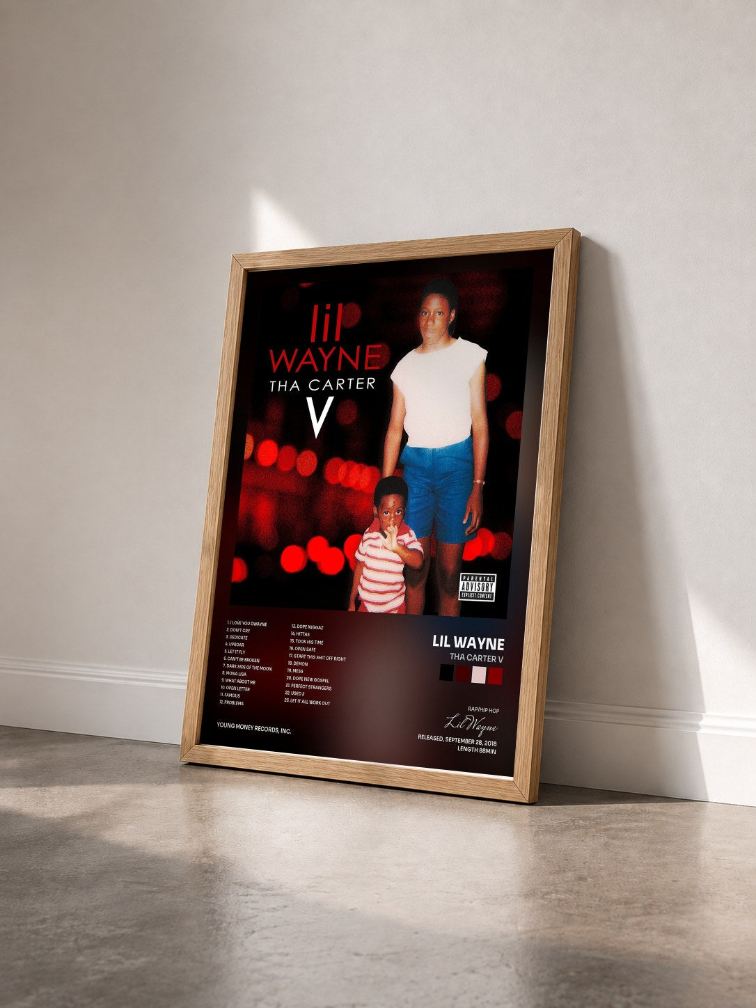 #bois Tableau de l'album Tha Carter V de Lil Wayne vu de trois quarts, cadre en bois brut