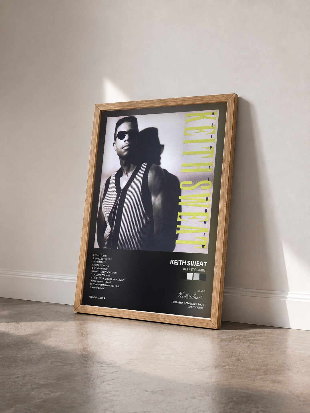 #bois Tableau de l'album Keep It Comin' de Keith Sweat vu de trois quarts, cadre en bois brut