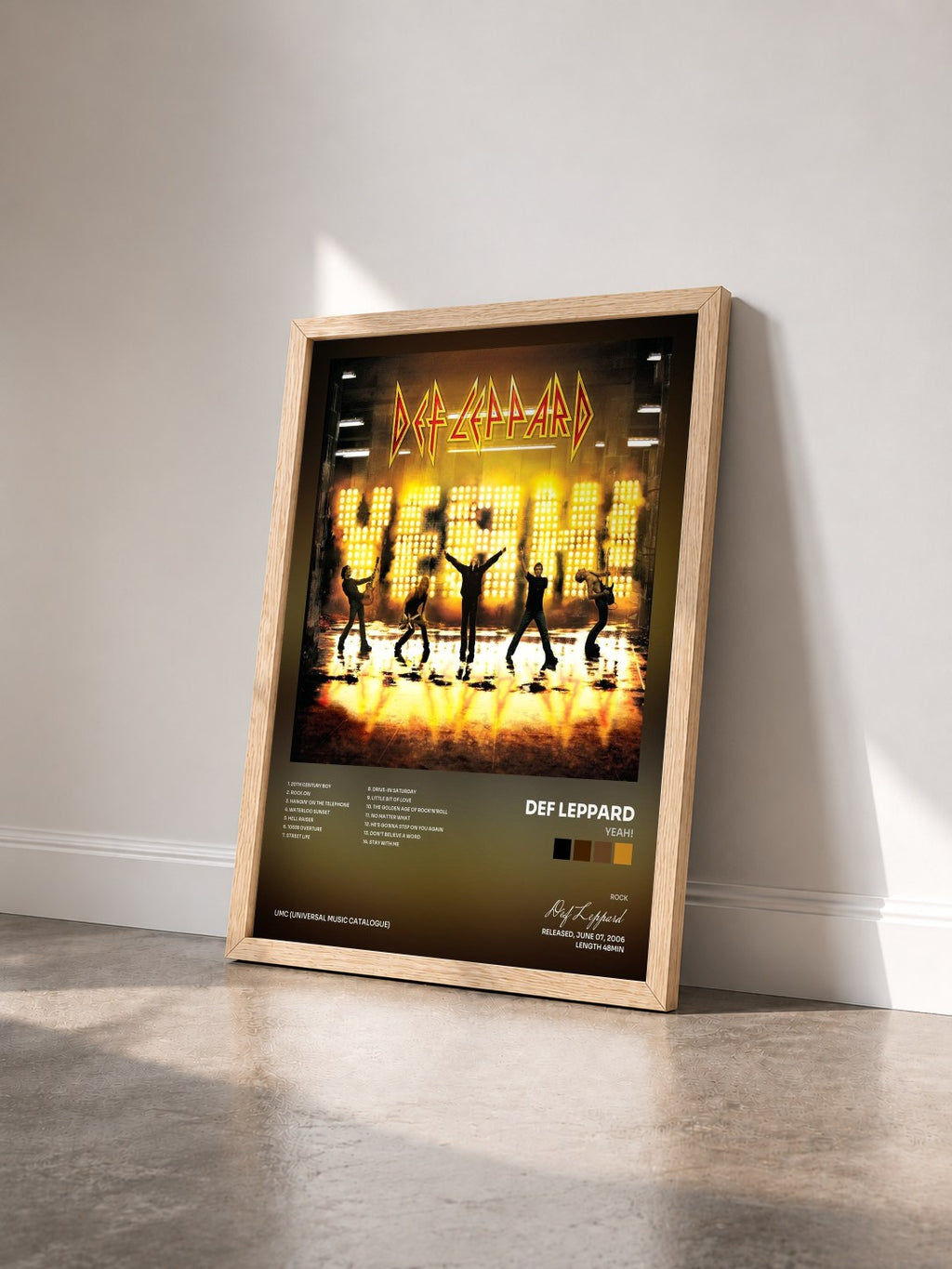 #bois Tableau de l'album Yeah! de Def Leppard vu de trois quarts, cadre en bois brut