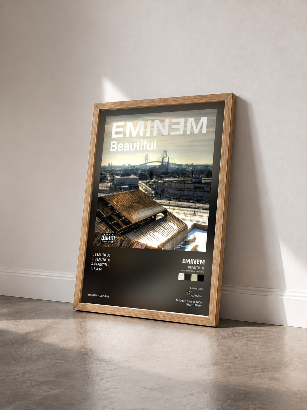 #bois Tableau de l'album Beautiful (International Version) de Eminem vu de trois quarts, cadre en bois brut