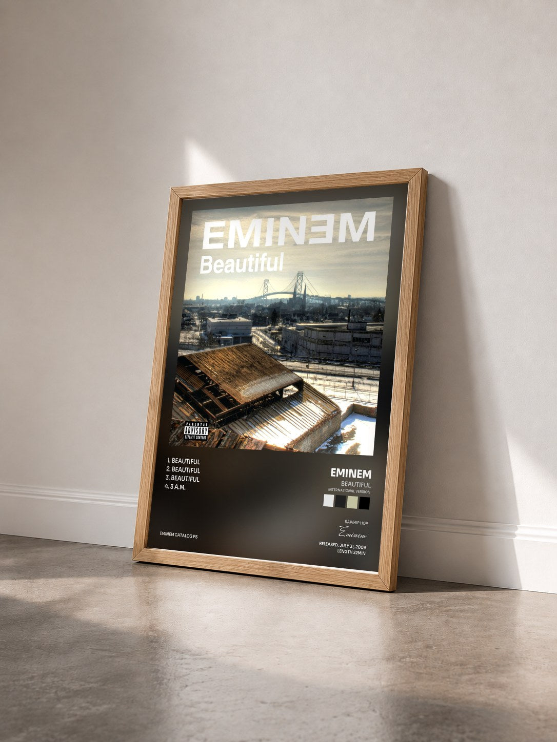 #bois Tableau de l'album Beautiful (International Version) de Eminem vu de trois quarts, cadre en bois brut