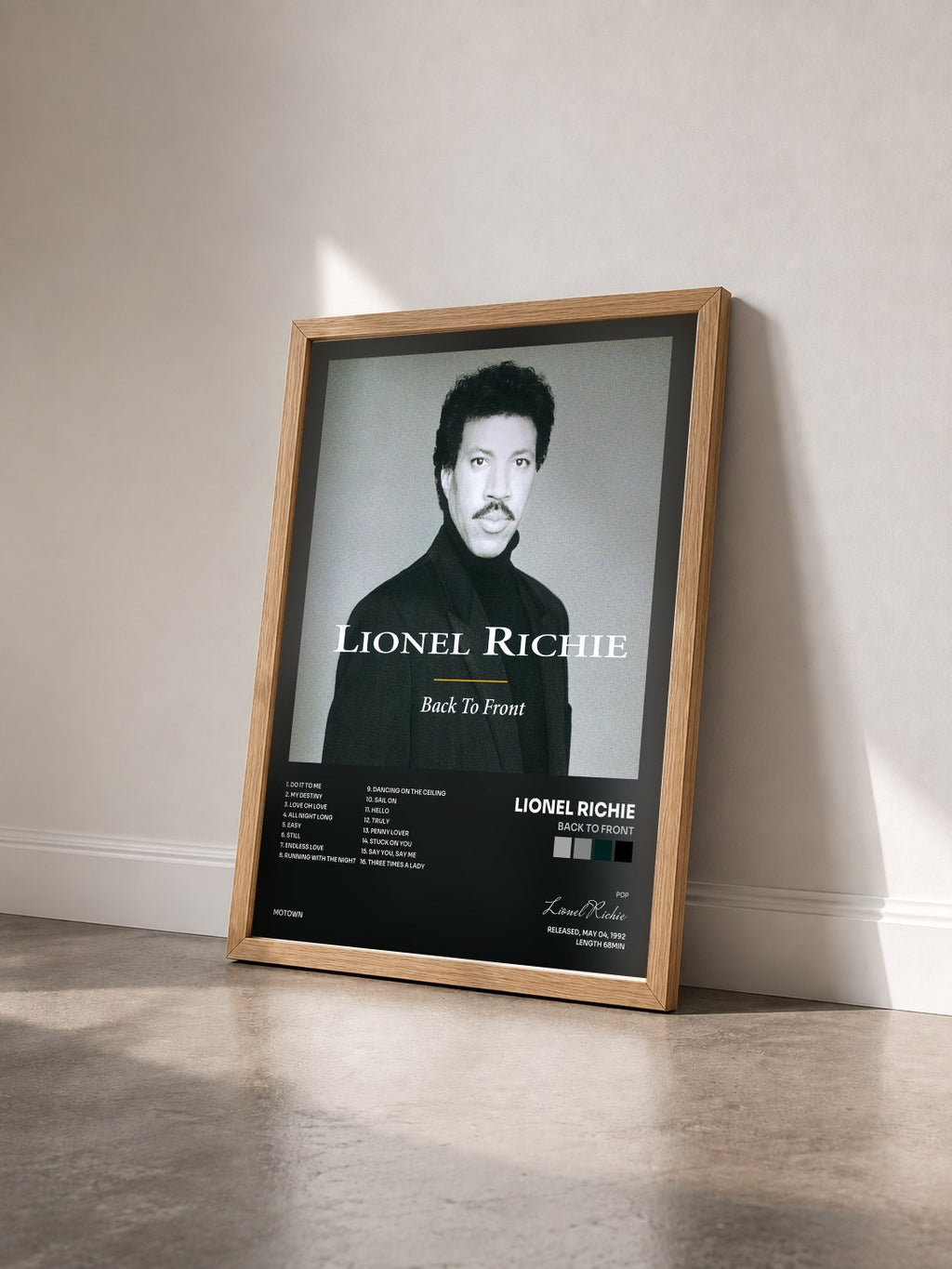 #bois Tableau de l'album Back To Front de Lionel Richie vu de trois quarts, cadre en bois brut