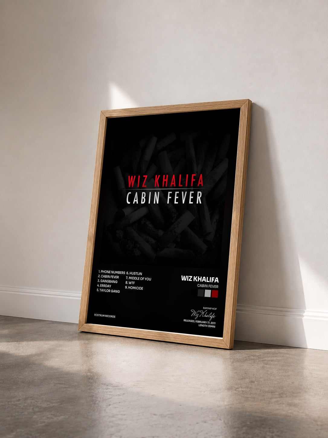 #bois Tableau de l'album Cabin Fever de Wiz Khalifa vu de trois quarts, cadre en bois brut