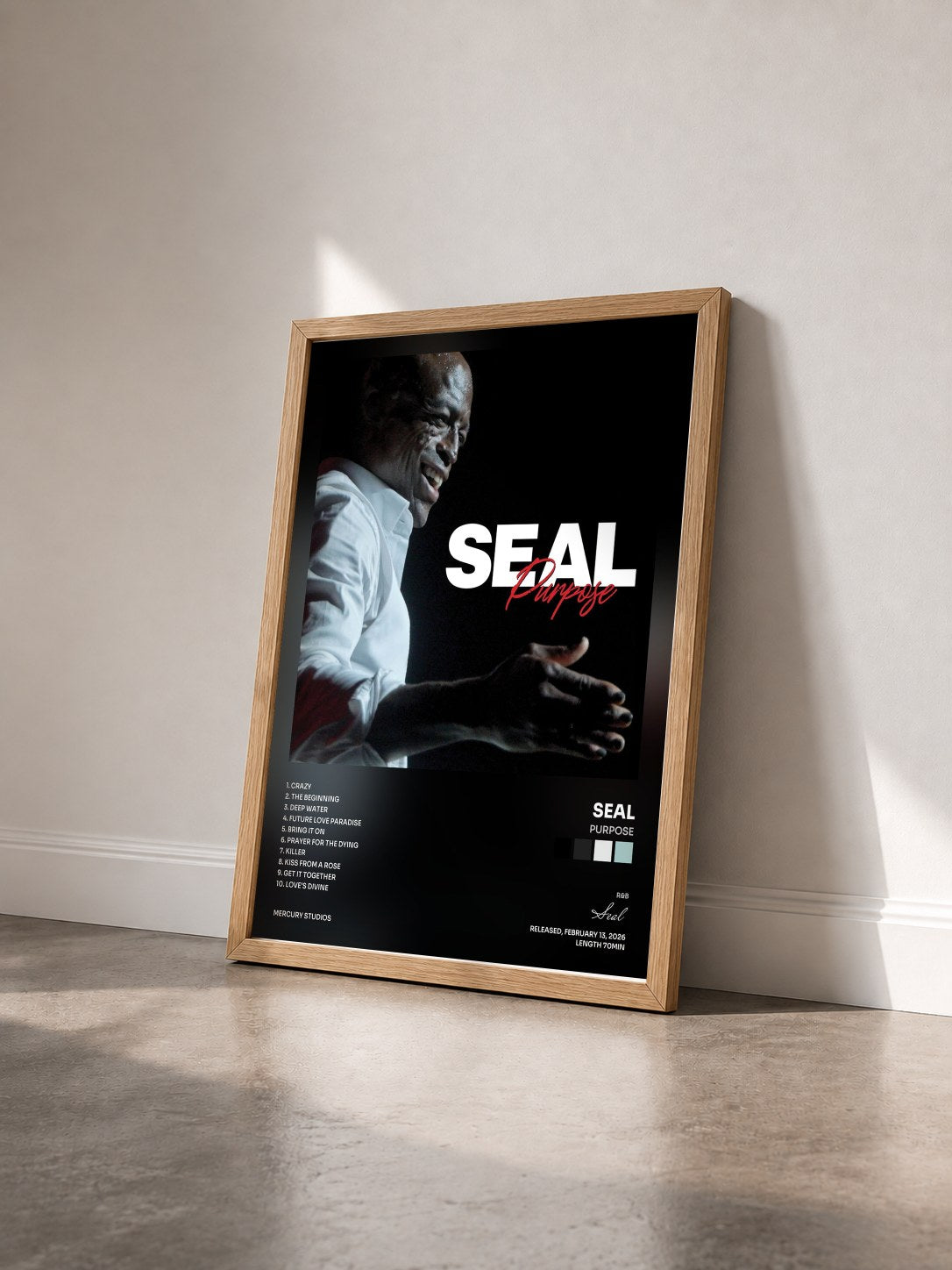 #bois Tableau de l'album Purpose de Seal vu de trois quarts, cadre en bois brut
