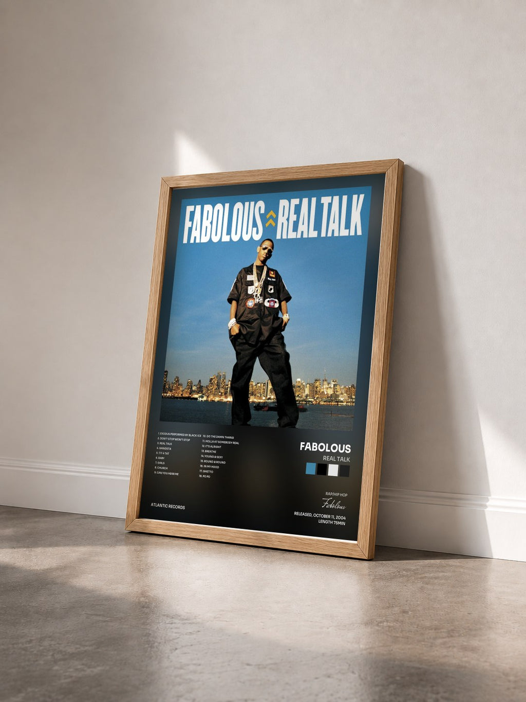 #bois Tableau de l'album Real Talk de Fabolous vu de trois quarts, cadre en bois brut