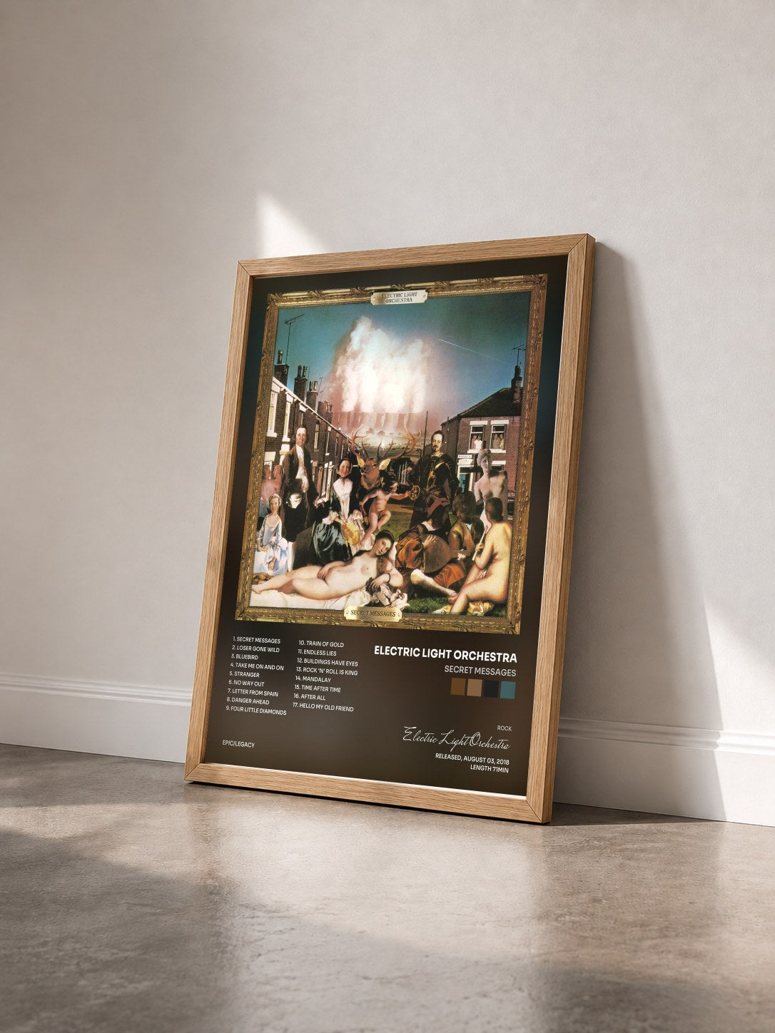 #bois Tableau de l'album Secret Messages de Electric Light Orchestra vu de trois quarts, cadre en bois brut