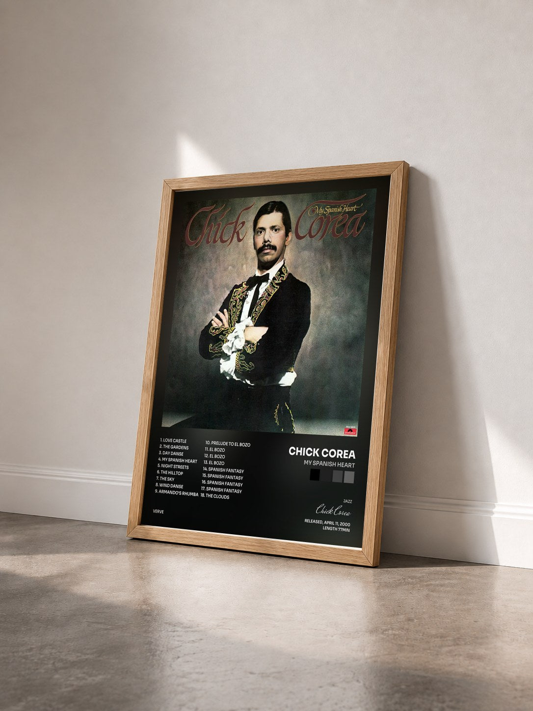 #bois Tableau de l'album My Spanish Heart de Chick Corea vu de trois quarts, cadre en bois brut