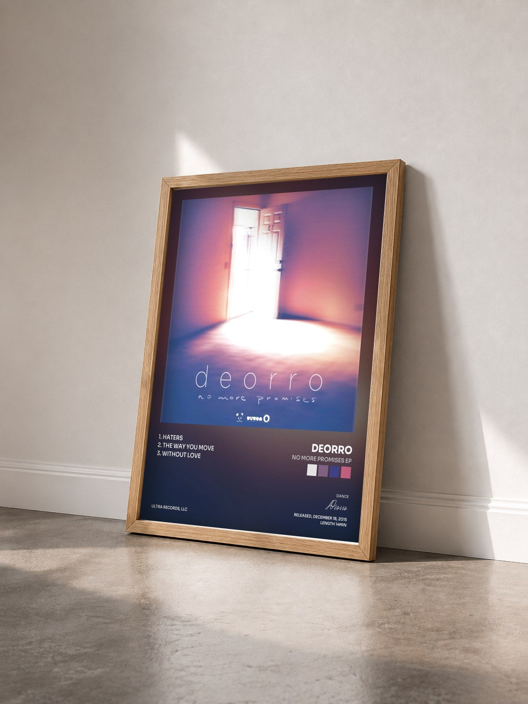 #bois Tableau de l'album No More Promises EP de Deorro vu de trois quarts, cadre en bois brut