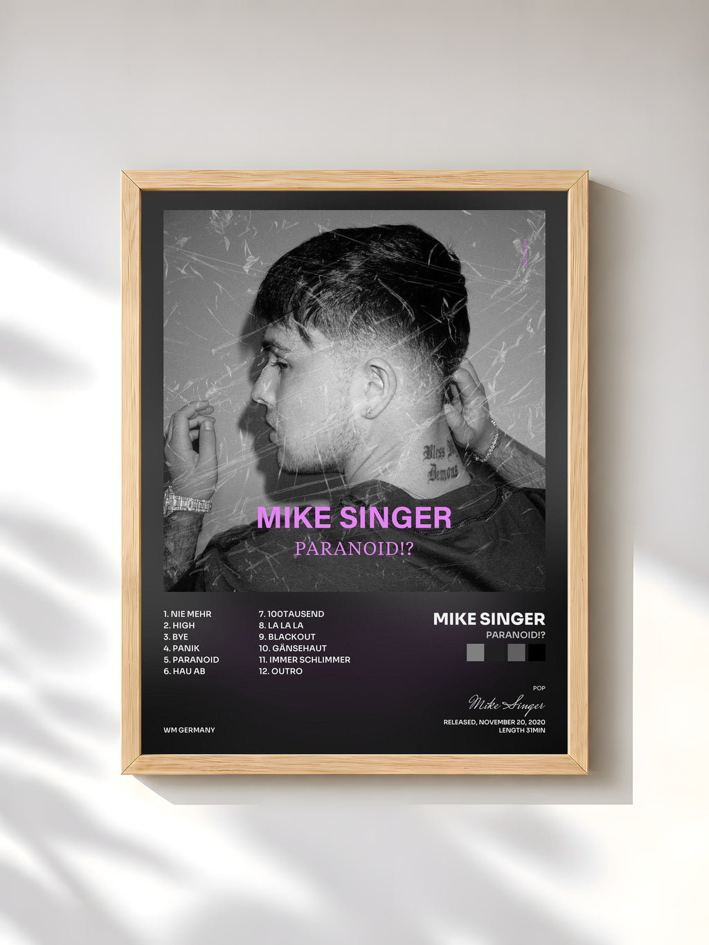 #bois Tableau de l'album Paranoid!? de Mike Singer, cadre en bois brut, imprimé et encadré en France