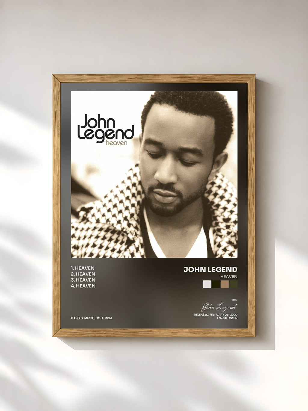 #bois Tableau de l'album Heaven de John Legend, cadre en bois brut, imprimé et encadré en France