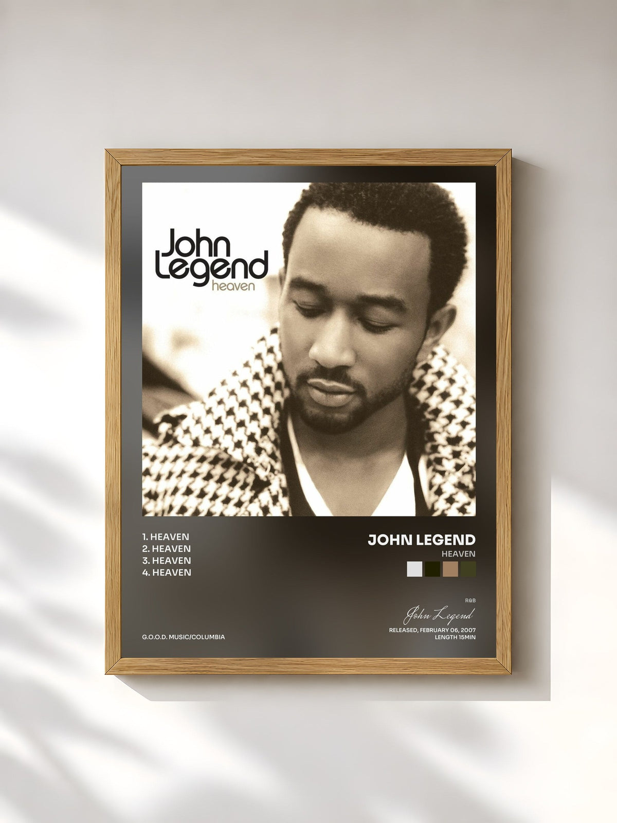 #bois Tableau de l'album Heaven de John Legend, cadre en bois brut, imprimé et encadré en France