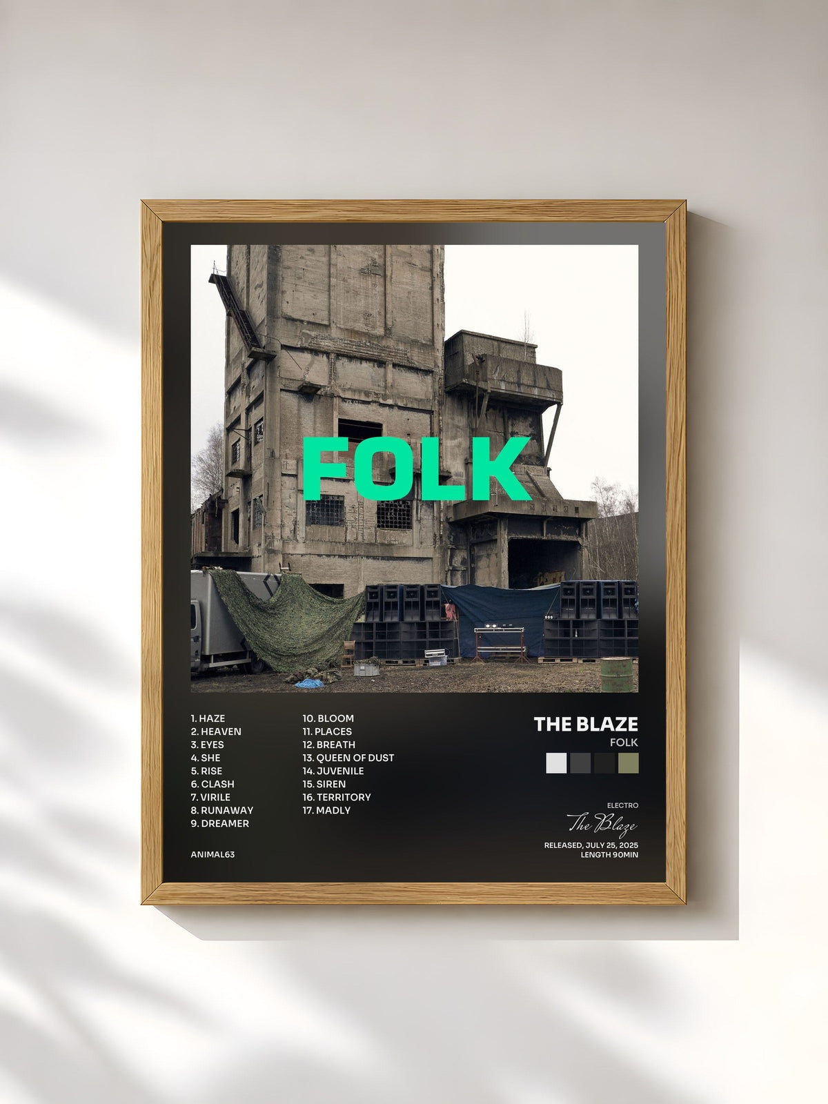 #bois Tableau de l'album FOLK de The Blaze, cadre en bois brut, imprimé et encadré en France