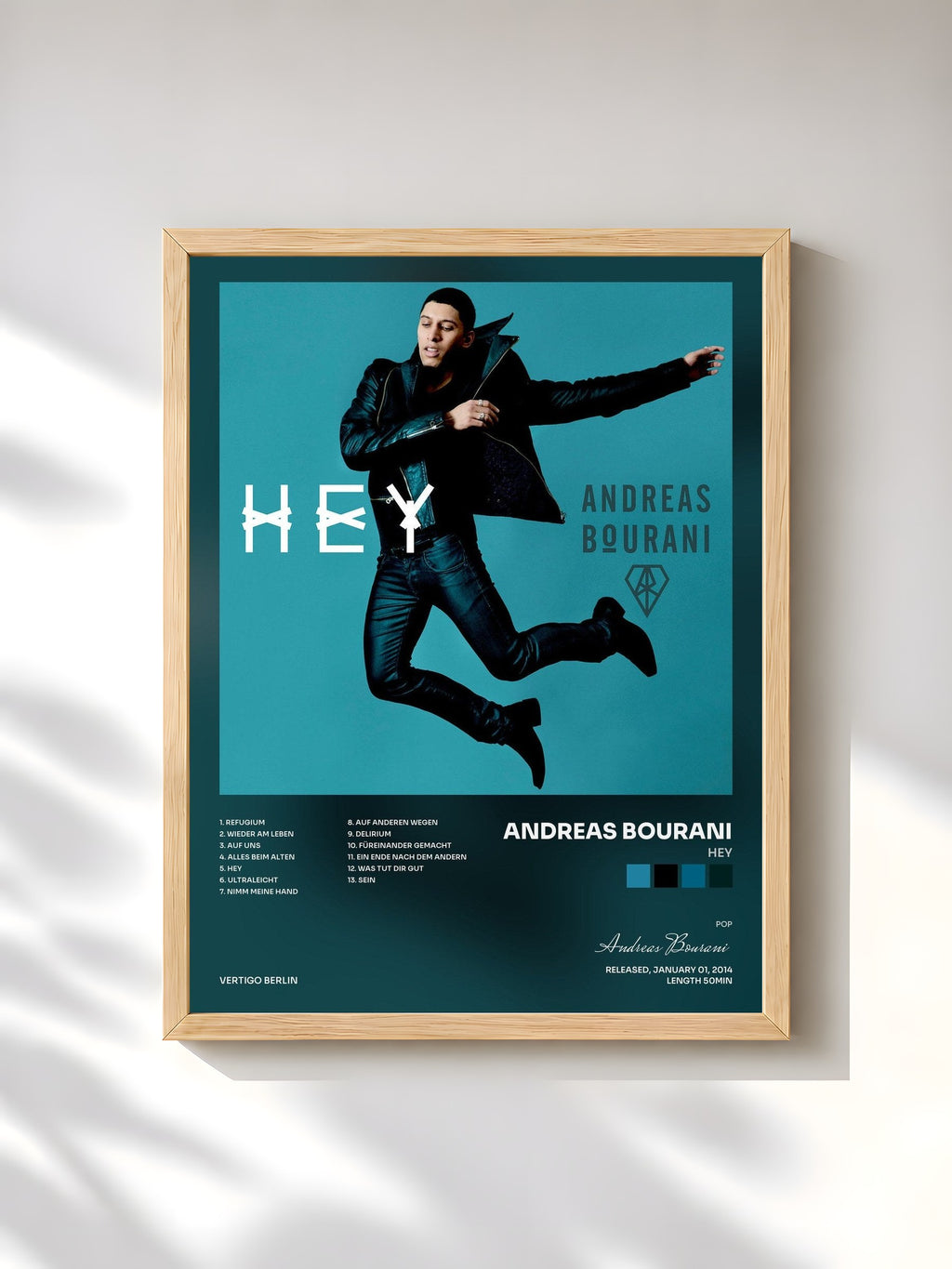 #bois Tableau de l'album Hey de Andreas Bourani, cadre en bois brut, imprimé et encadré en France