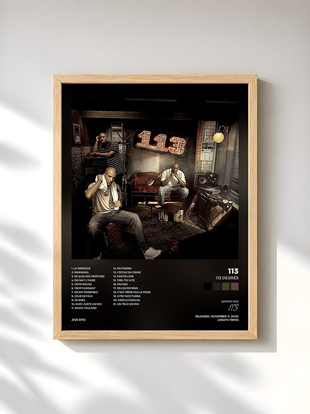 #bois Tableau de l'album 113 Degrés de 113, cadre en bois brut, imprimé et encadré en France