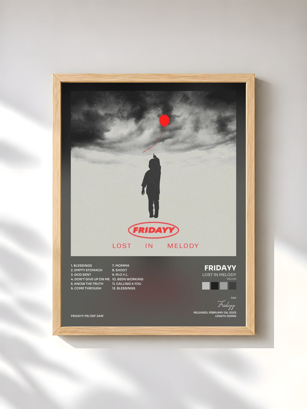 #bois Tableau de l'album Lost In Melody (Deluxe) de Fridayy, cadre en bois brut, imprimé et encadré en France