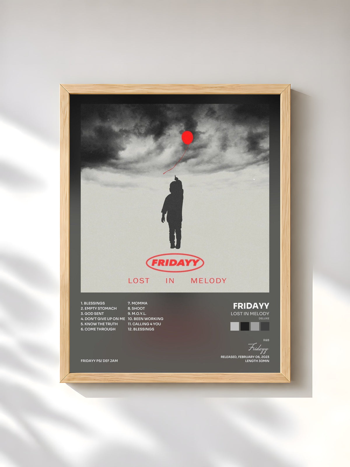 #bois Tableau de l'album Lost In Melody (Deluxe) de Fridayy, cadre en bois brut, imprimé et encadré en France