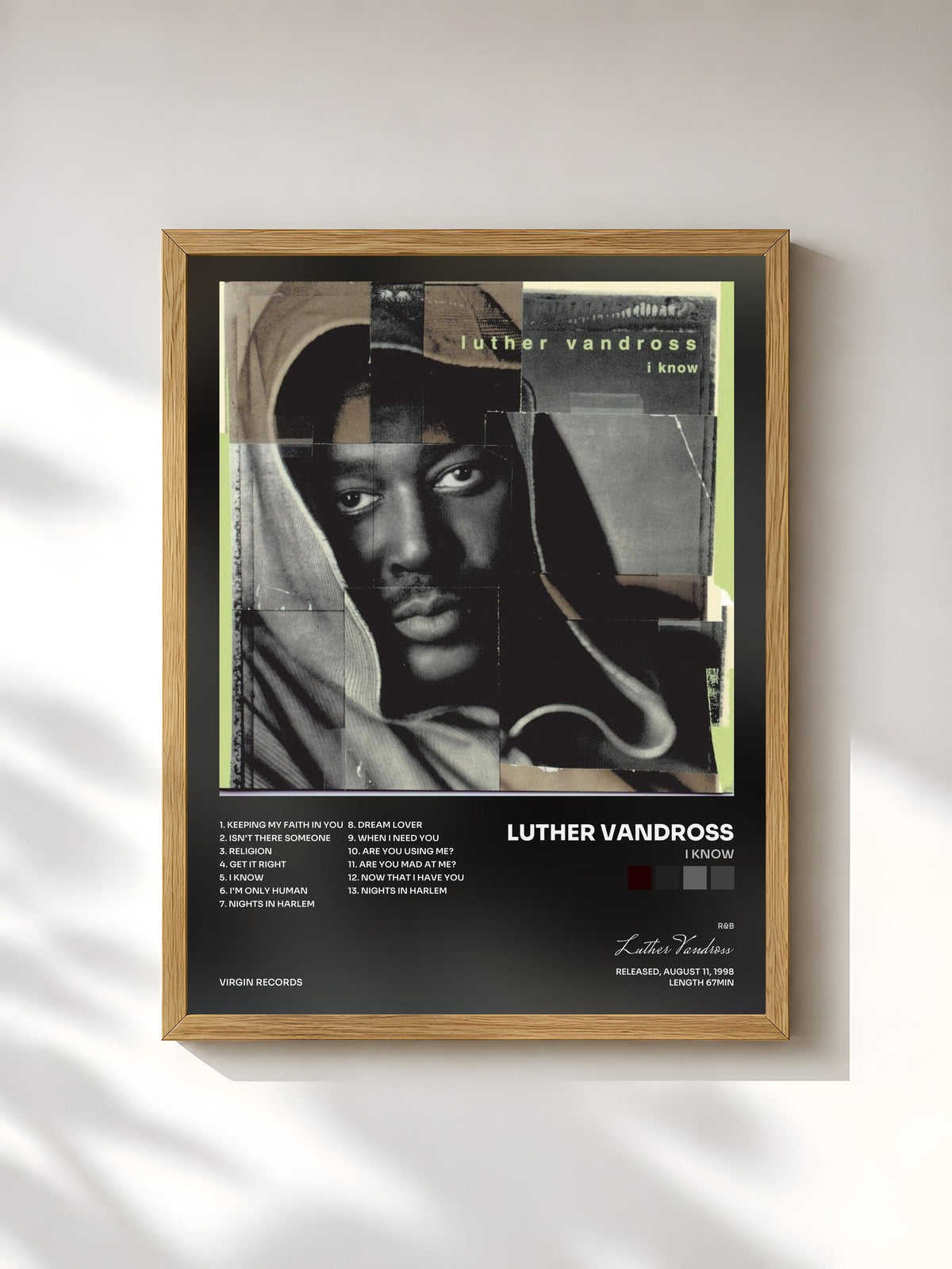 #bois Tableau de l'album I Know de Luther Vandross, cadre en bois brut, imprimé et encadré en France