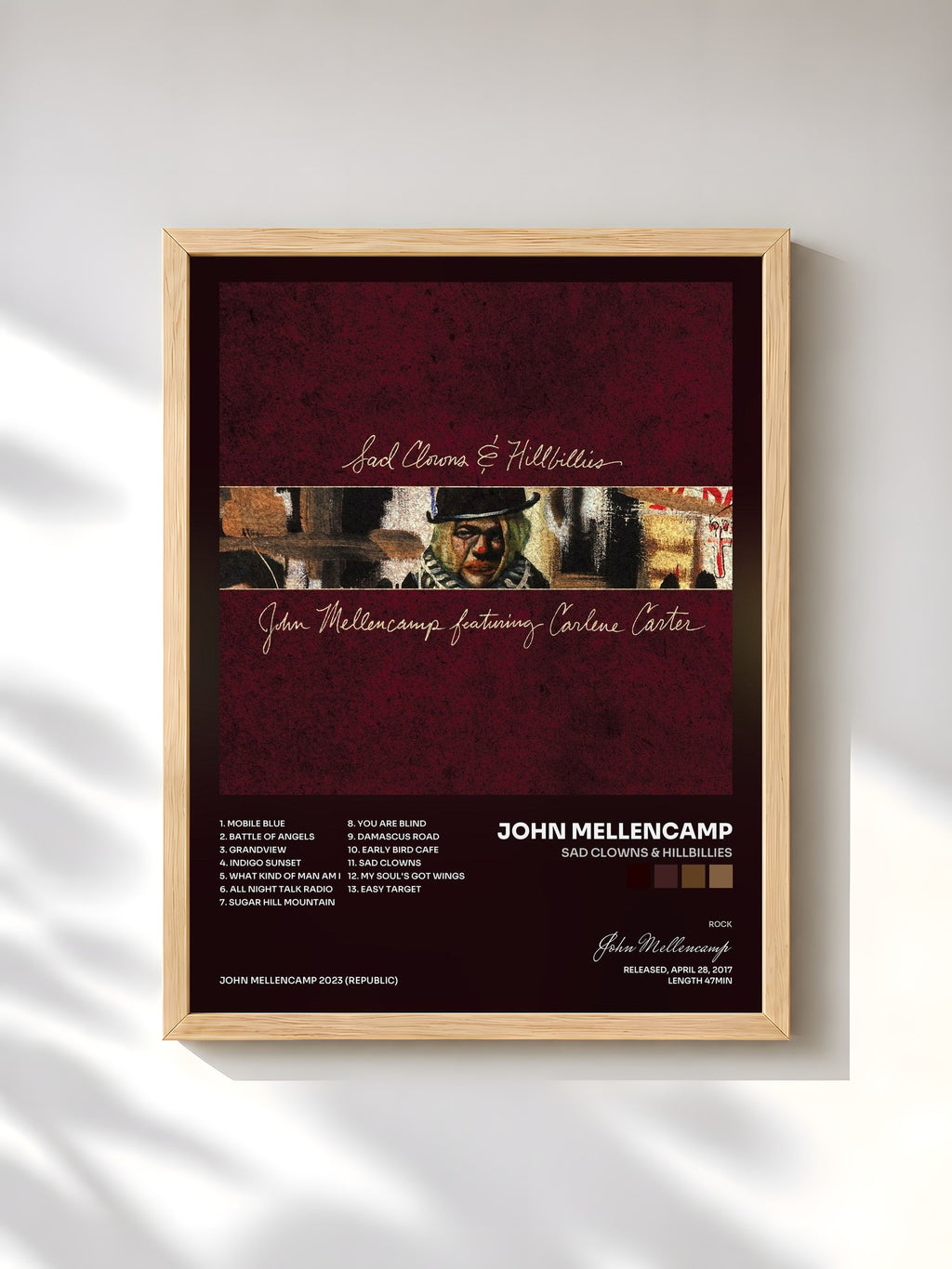 #bois Tableau de l'album Sad Clowns & Hillbillies de John Mellencamp, cadre en bois brut, imprimé et encadré en France