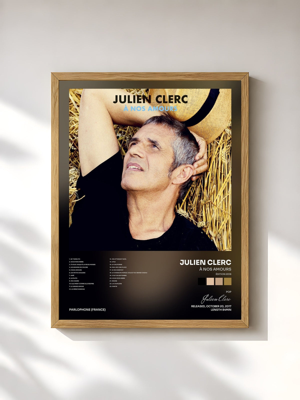 #bois Tableau de l'album À nos amours (Édition 2018) de Julien Clerc, cadre en bois brut, imprimé et encadré en France