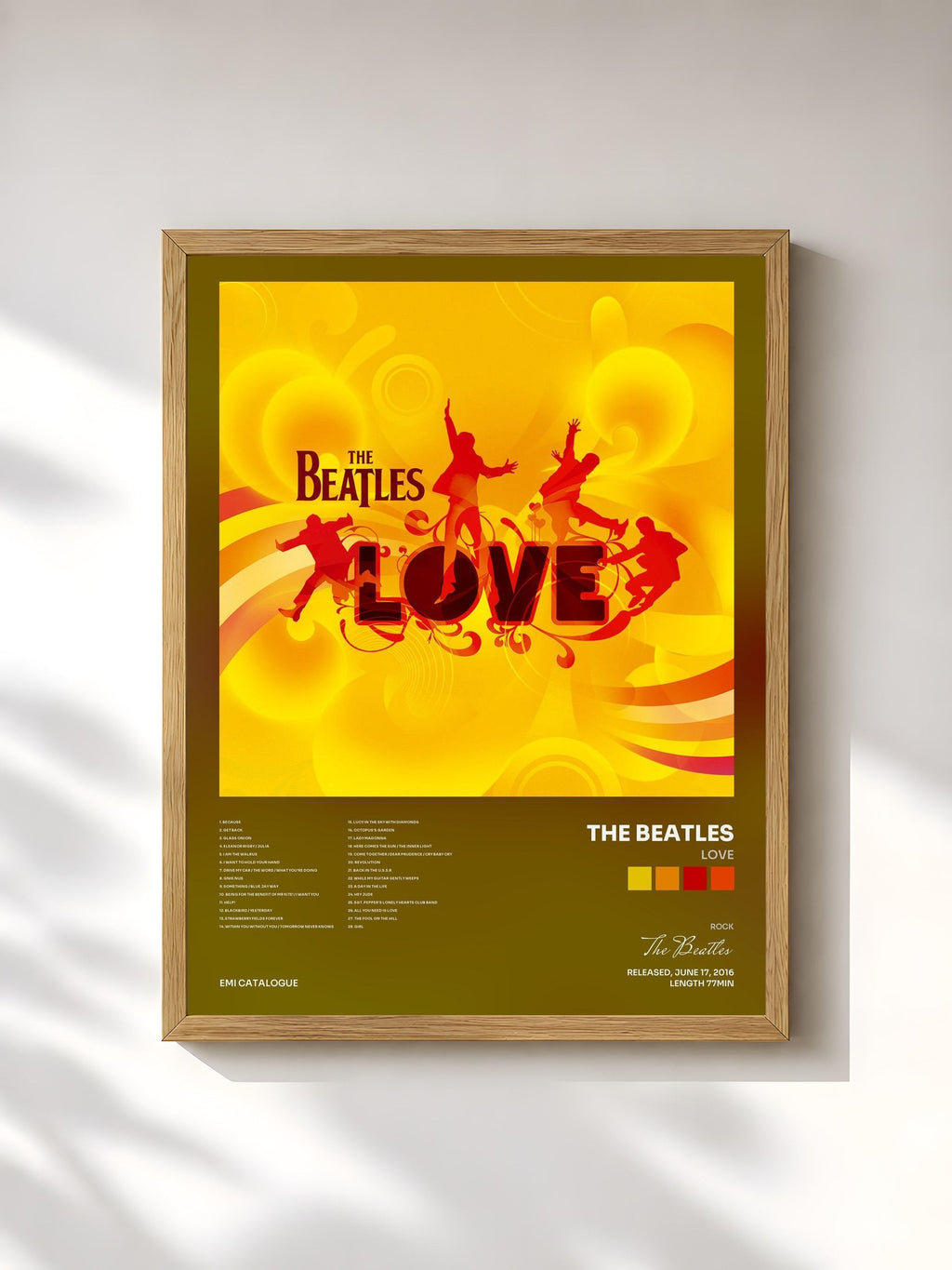 #bois Tableau de l'album Love de The Beatles, cadre en bois brut, imprimé et encadré en France