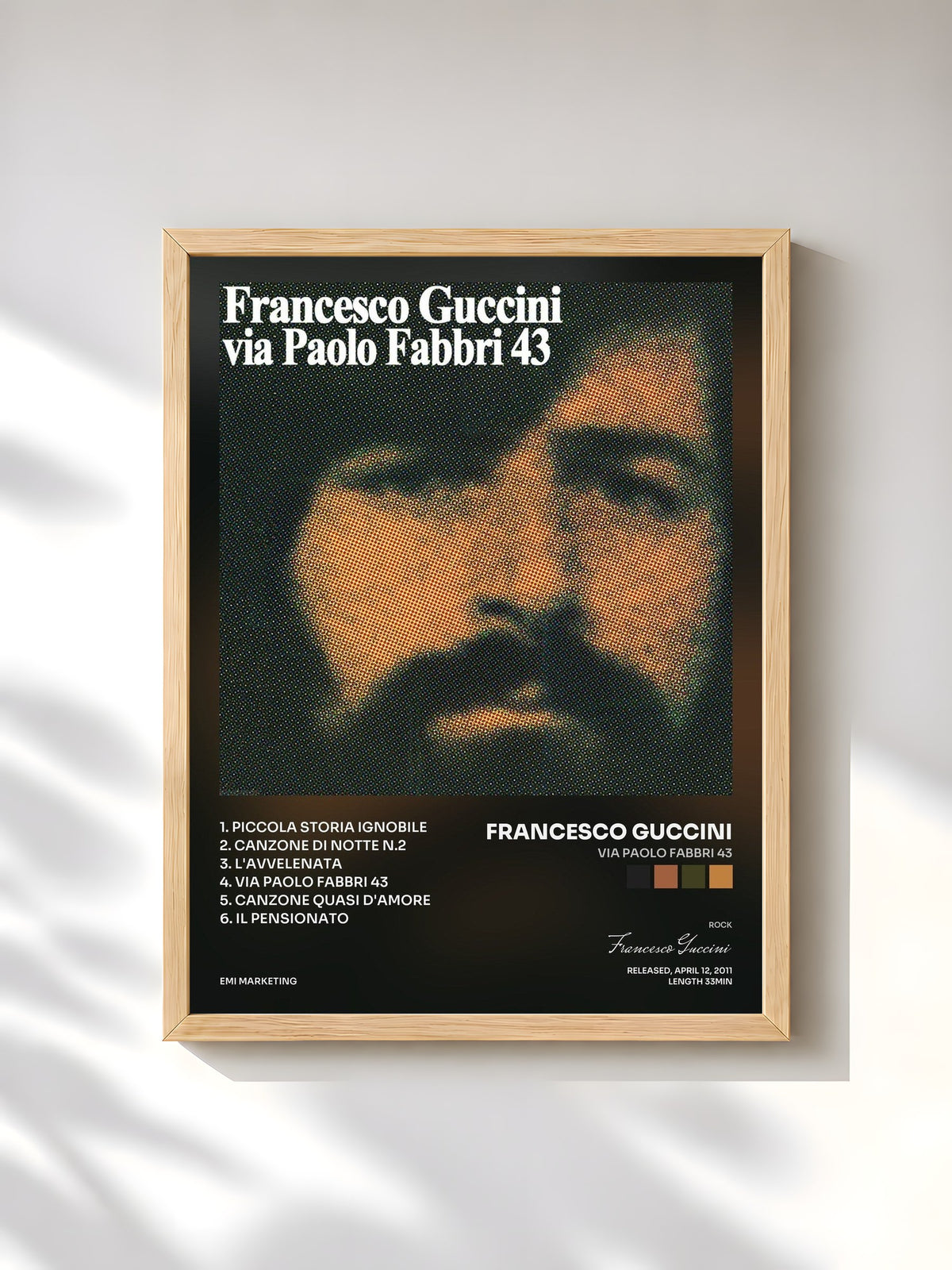 #bois Tableau de l'album Via Paolo Fabbri 43 de Francesco Guccini, cadre en bois brut, imprimé et encadré en France