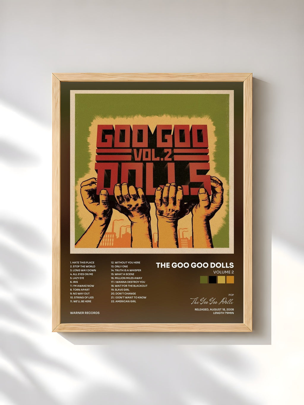 #bois Tableau de l'album Volume 2 de The Goo Goo Dolls, cadre en bois brut, imprimé et encadré en France