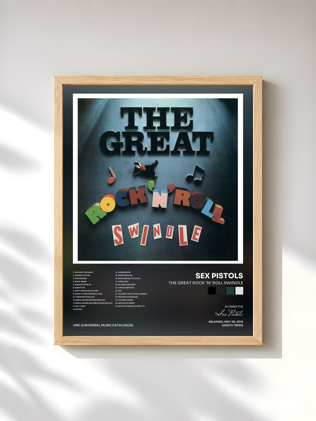 #bois Tableau de l'album The Great Rock 'N' Roll Swindle de Sex Pistols, cadre en bois brut, imprimé et encadré en France