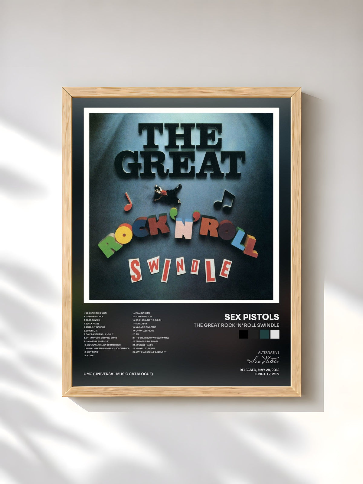 #bois Tableau de l'album The Great Rock 'N' Roll Swindle de Sex Pistols, cadre en bois brut, imprimé et encadré en France