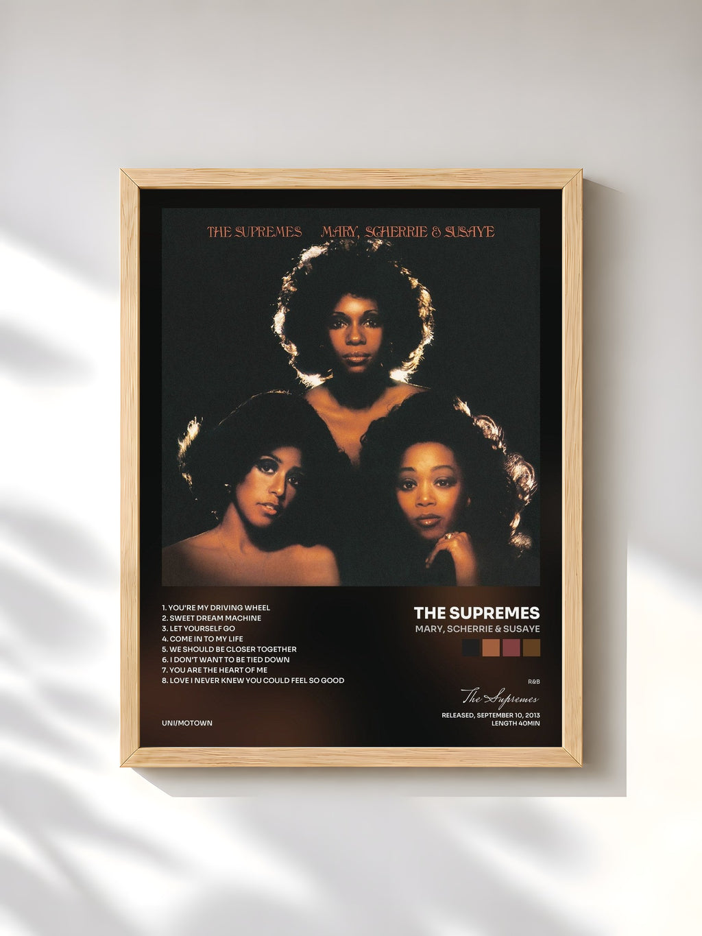 #bois Tableau de l'album Mary, Scherrie & Susaye de The Supremes, cadre en bois brut, imprimé et encadré en France