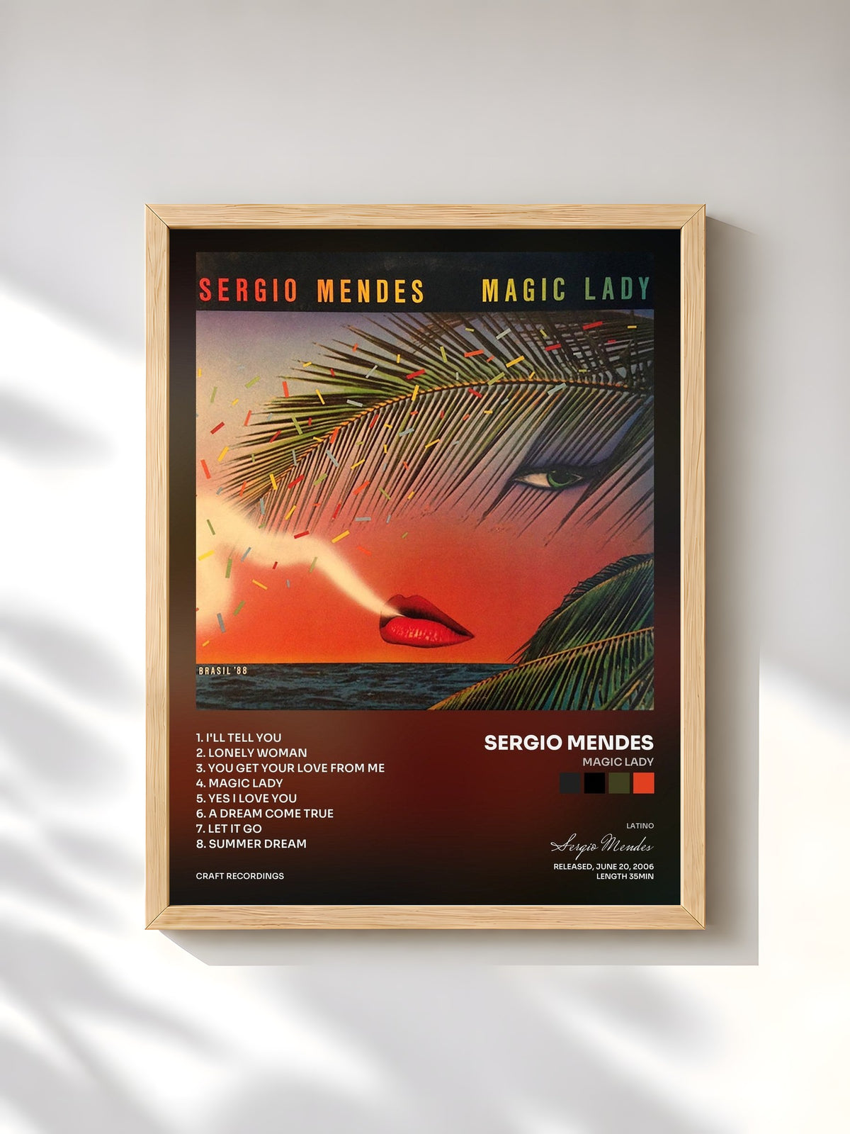 #bois Tableau de l'album Magic Lady de Sergio Mendes, cadre en bois brut, imprimé et encadré en France