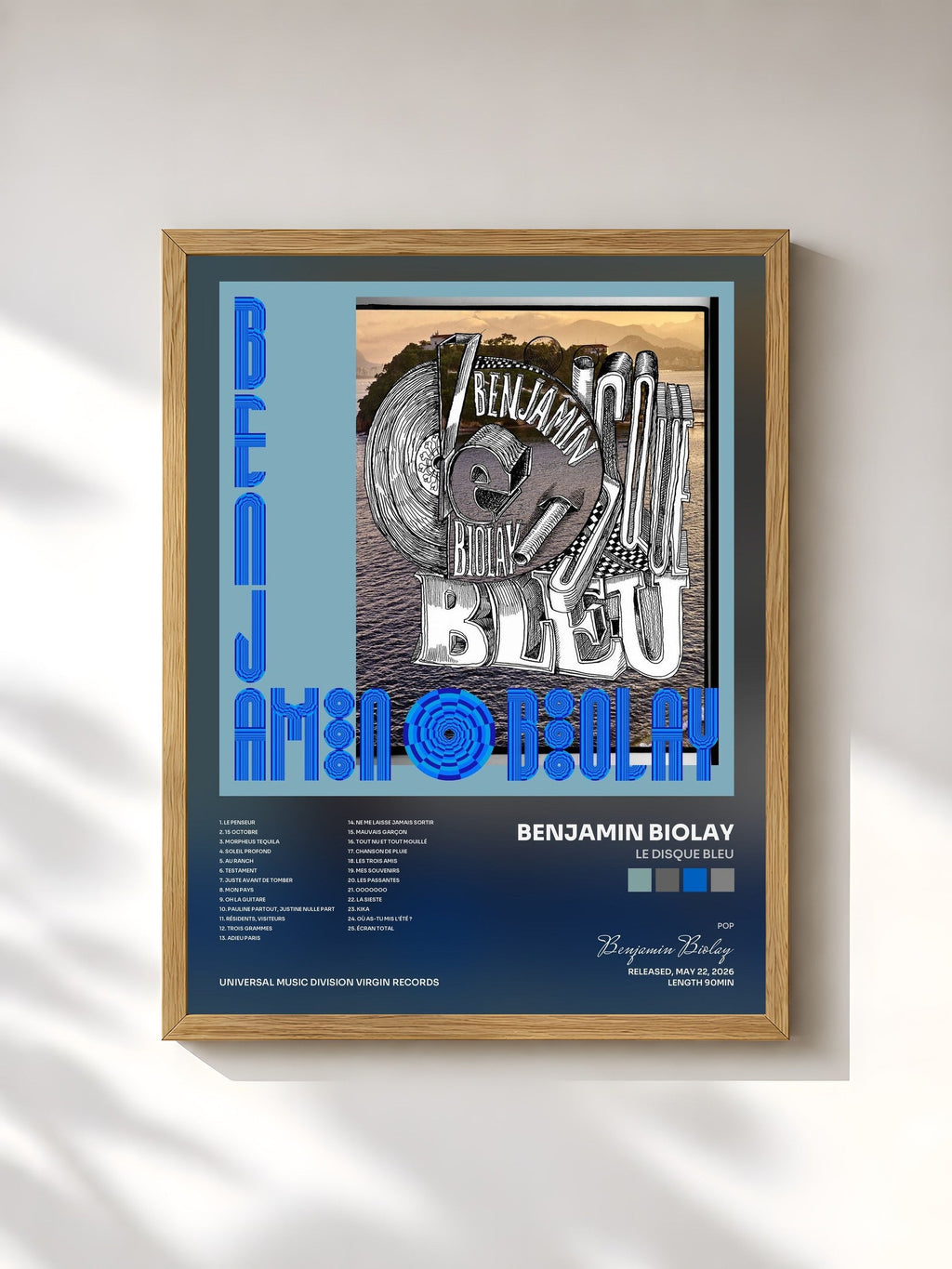 #bois Tableau de l'album Le Disque Bleu de Benjamin Biolay, cadre en bois brut, imprimé et encadré en France