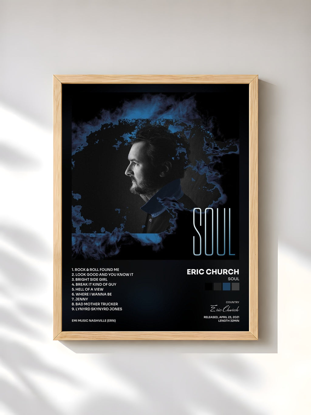 #bois Tableau de l'album Soul de Eric Church, cadre en bois brut, imprimé et encadré en France