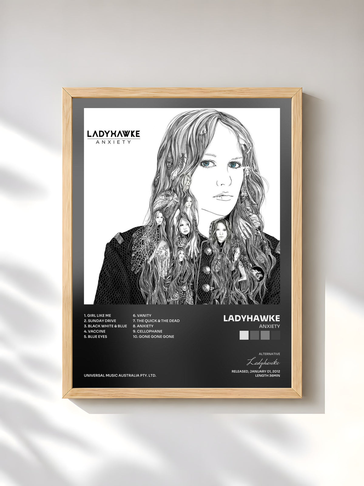 #bois Tableau de l'album Anxiety de Ladyhawke, cadre en bois brut, imprimé et encadré en France