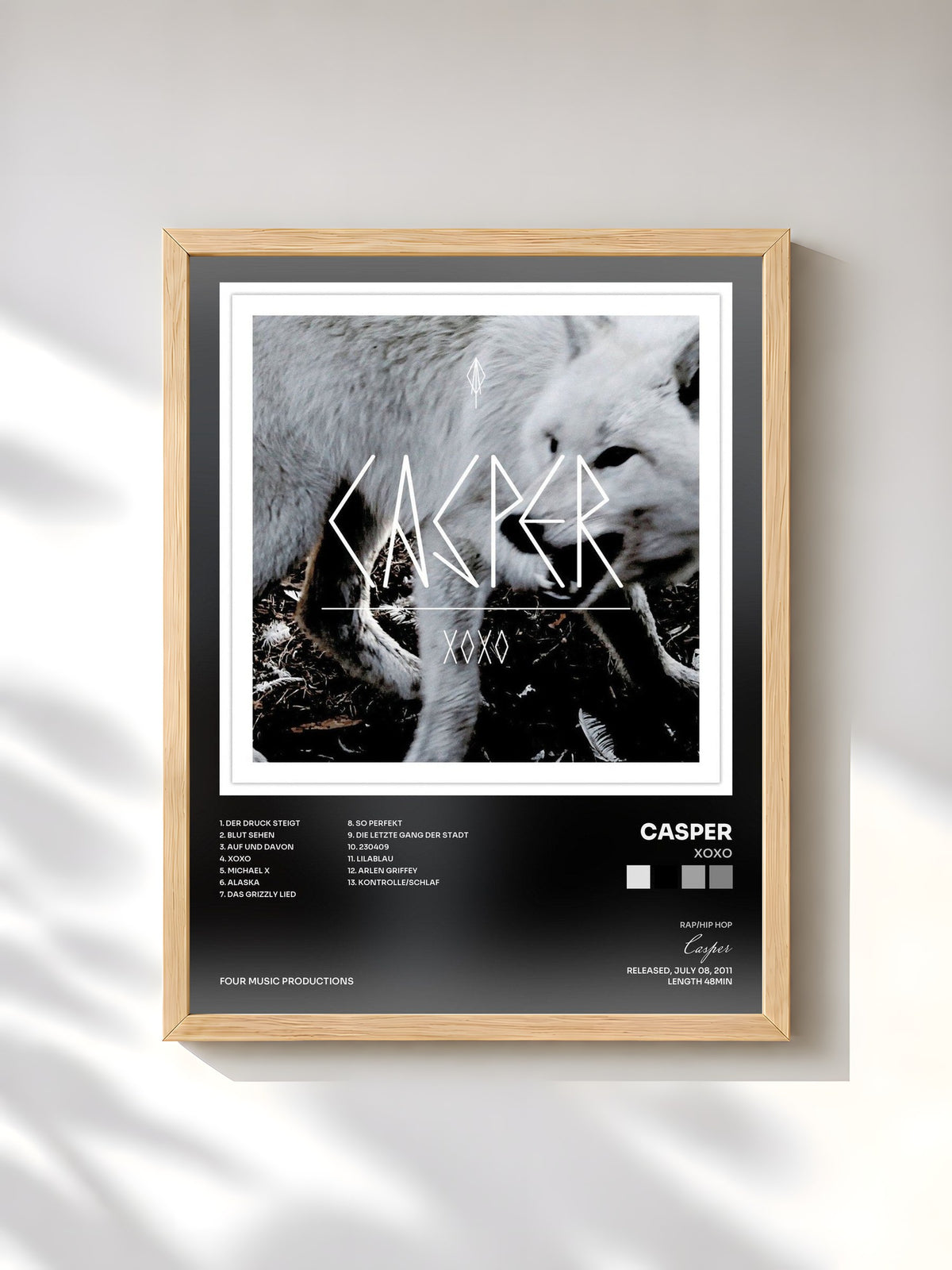 #bois Tableau de l'album XOXO de Casper, cadre en bois brut, imprimé et encadré en France