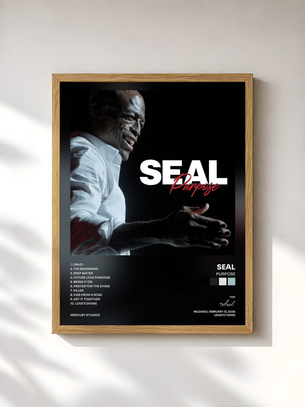 #bois Tableau de l'album Purpose de Seal, cadre en bois brut, imprimé et encadré en France
