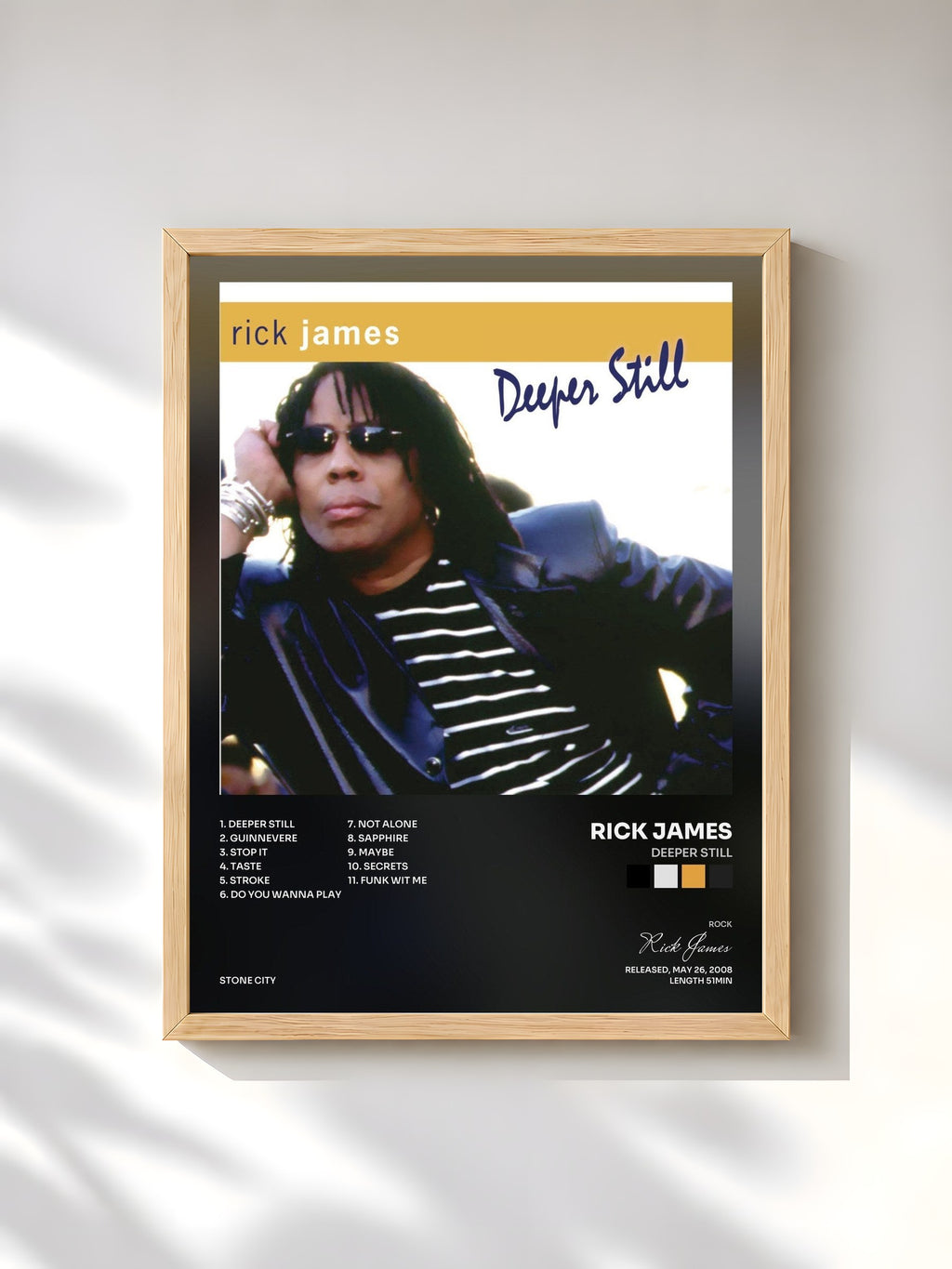 #bois Tableau de l'album Deeper Still de Rick James, cadre en bois brut, imprimé et encadré en France