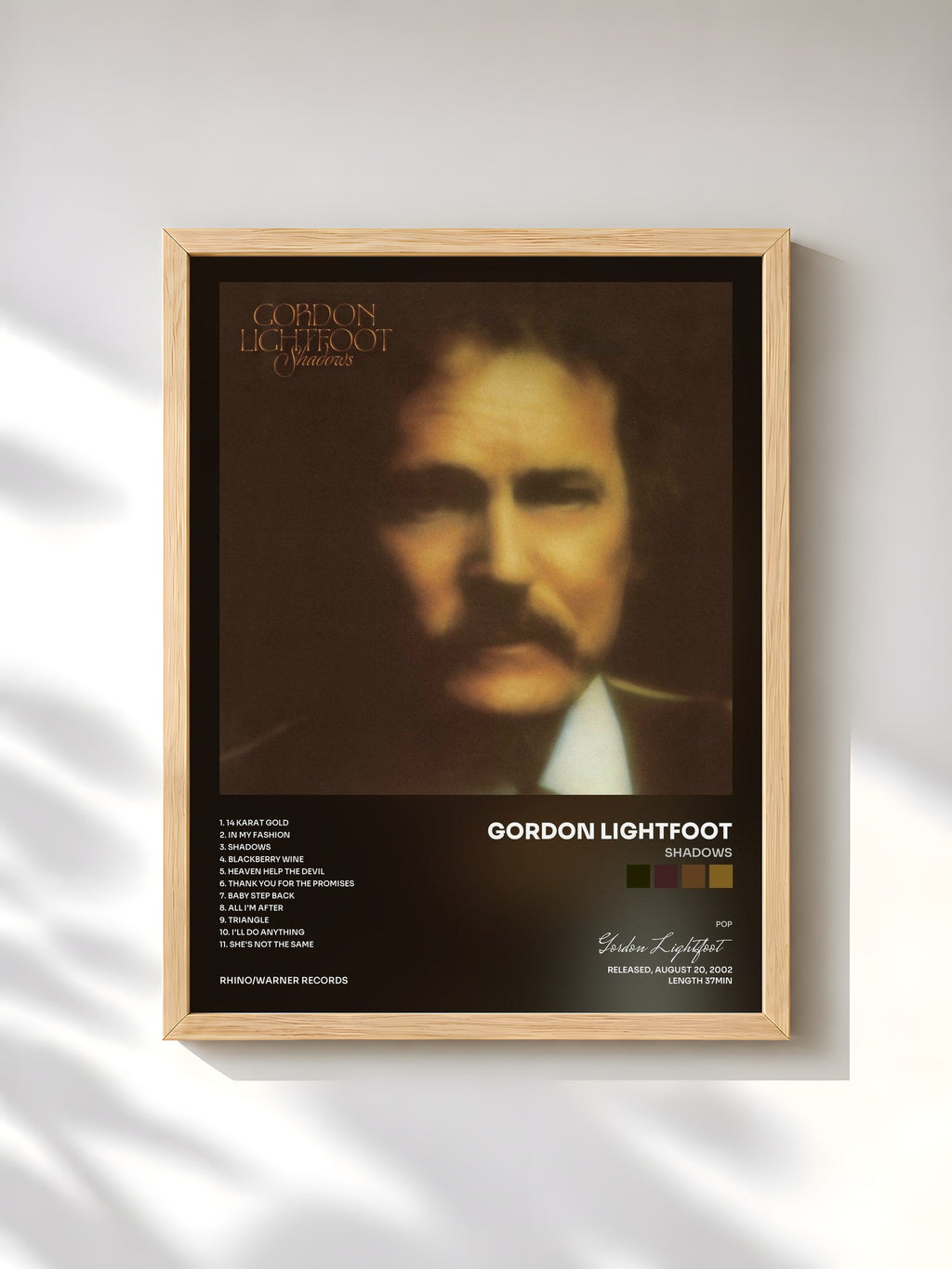 #bois Tableau de l'album Shadows de Gordon Lightfoot, cadre en bois brut, imprimé et encadré en France