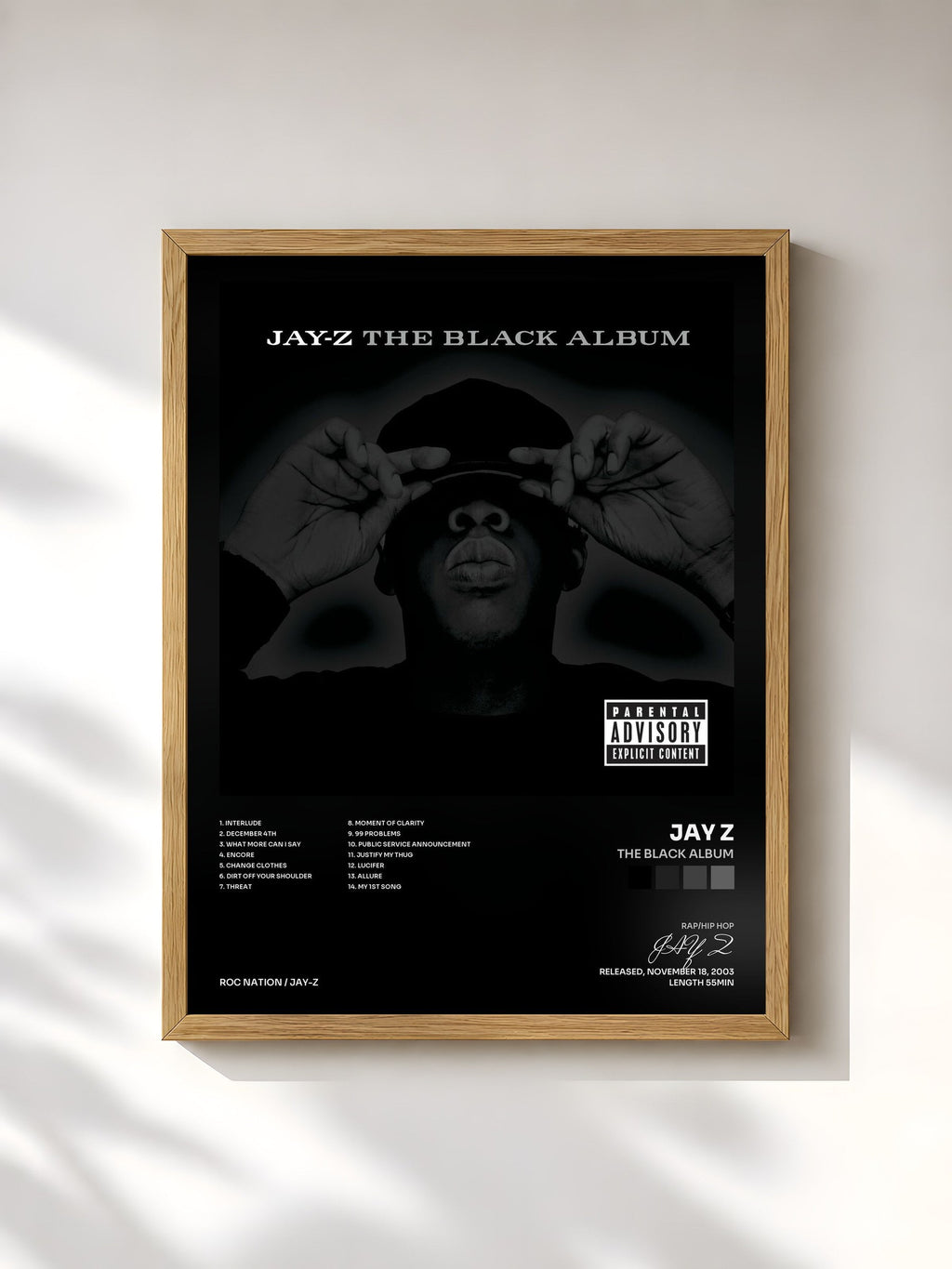 #bois Tableau de l'album The Black Album de JAY Z, cadre en bois brut, imprimé et encadré en France