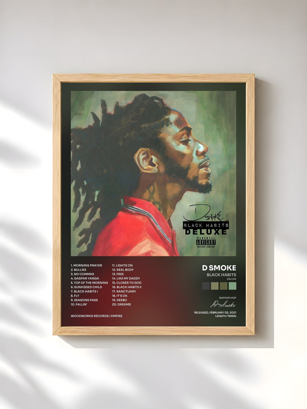 #bois Tableau de l'album Black Habits (Deluxe) de D Smoke, cadre en bois brut, imprimé et encadré en France