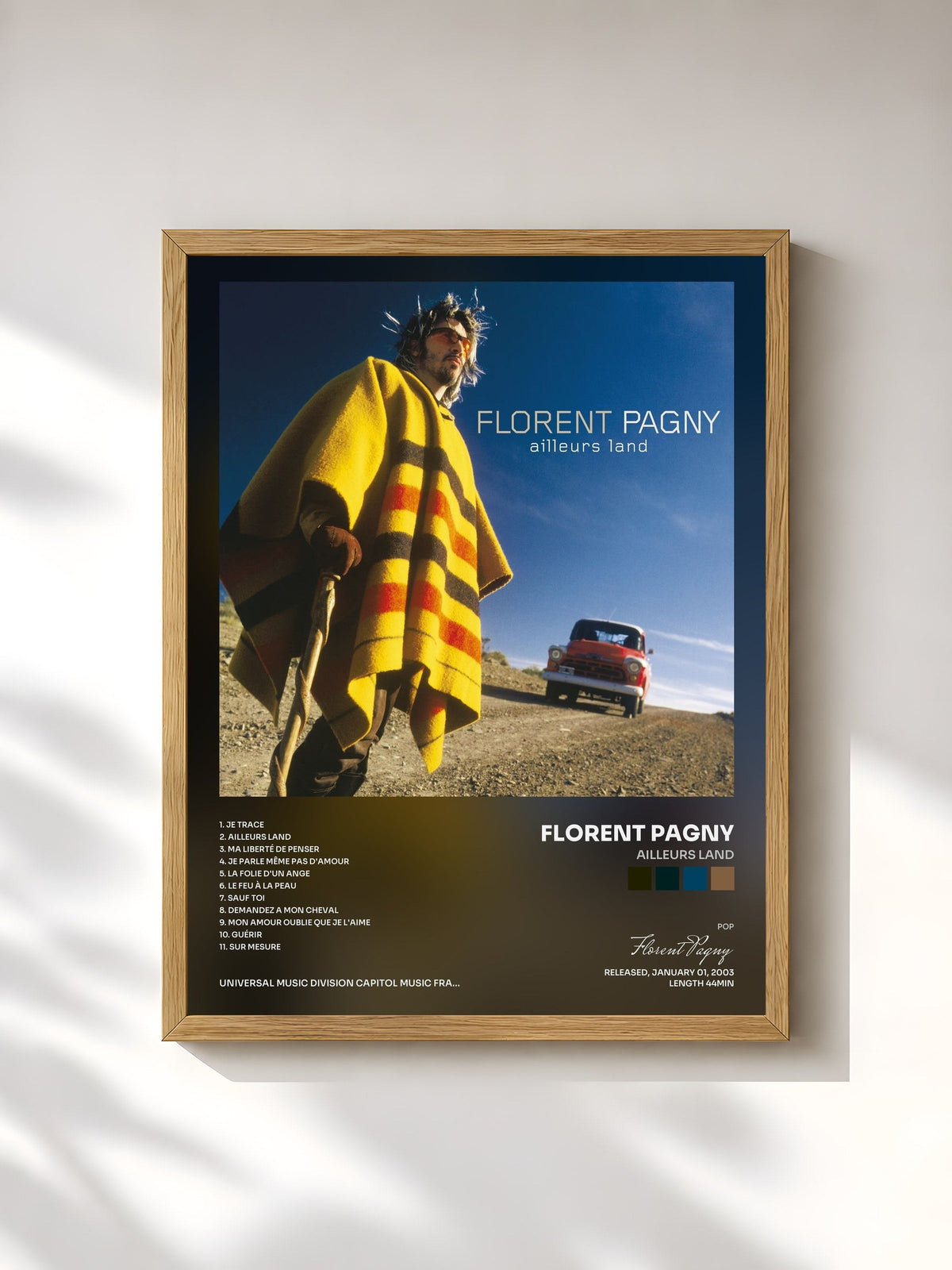 #bois Tableau de l'album Ailleurs Land de Florent Pagny, cadre en bois brut, imprimé et encadré en France