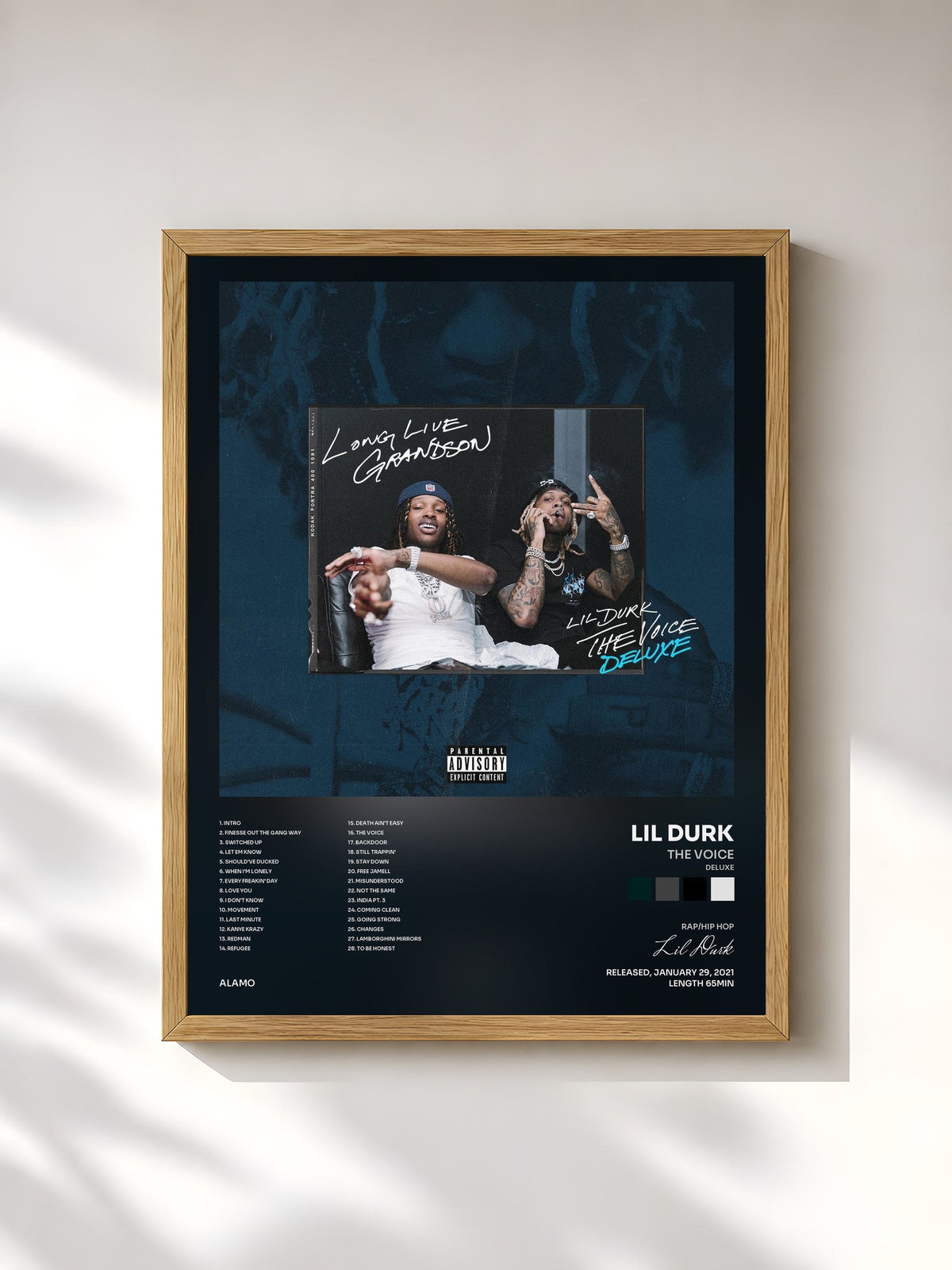 #bois Tableau de l'album The Voice (Deluxe) de Lil Durk, cadre en bois brut, imprimé et encadré en France
