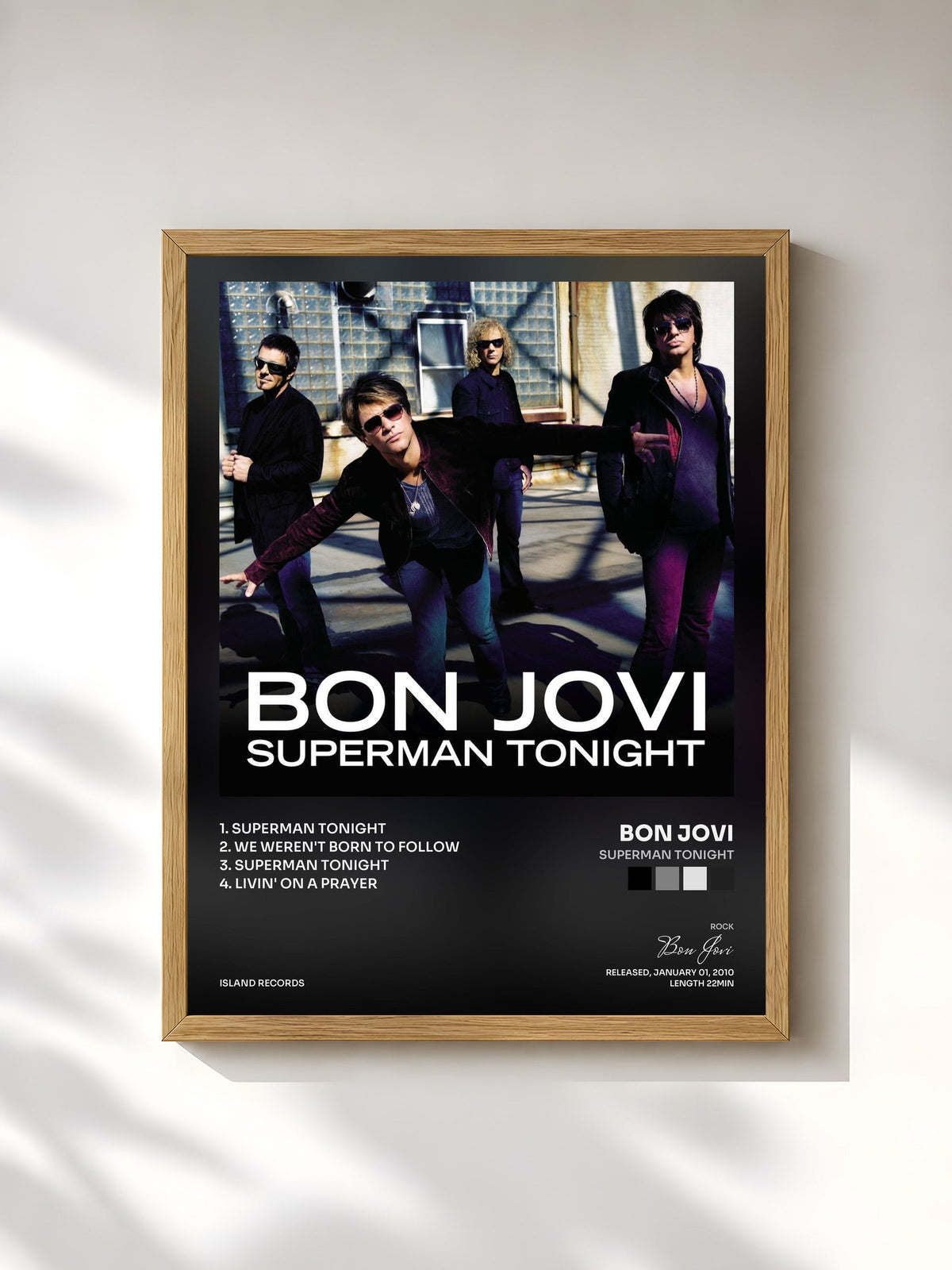 #bois Tableau de l'album Superman Tonight de Bon Jovi, cadre en bois brut, imprimé et encadré en France