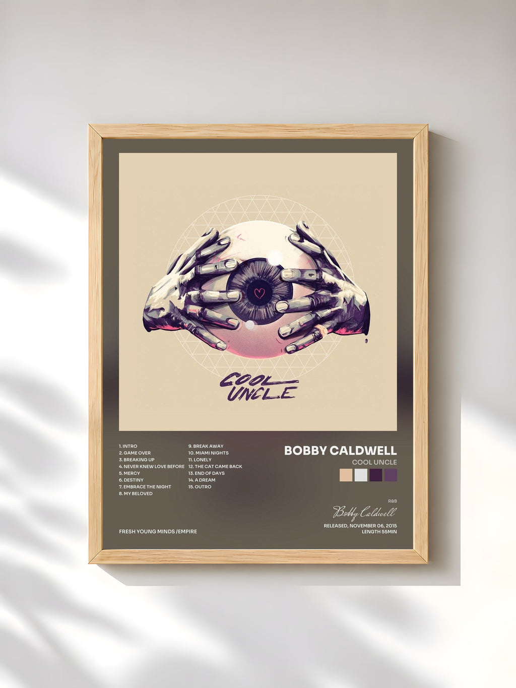 #bois Tableau de l'album Cool Uncle de Bobby Caldwell, cadre en bois brut, imprimé et encadré en France